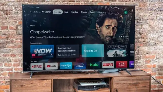 TCL television with Google TV platform on screen.