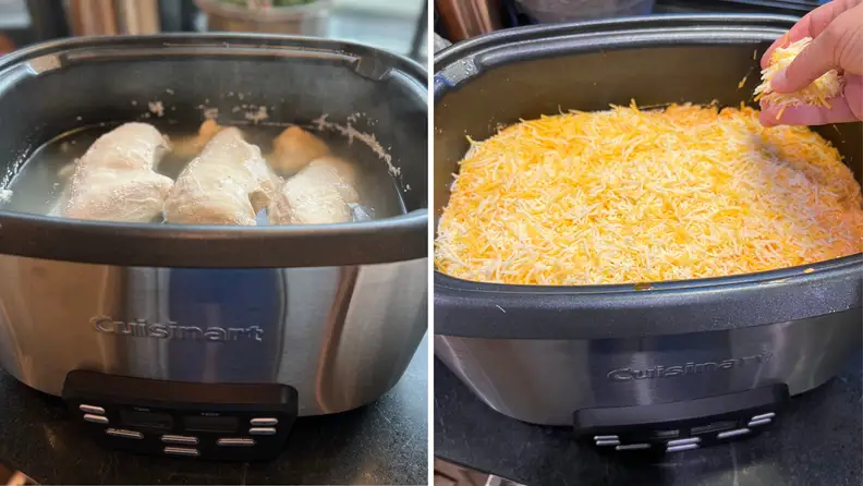 Left: chicken cooking in a slow cooker. Right: Buffalo chicken dip being topped with cheese in the slow cooker.
