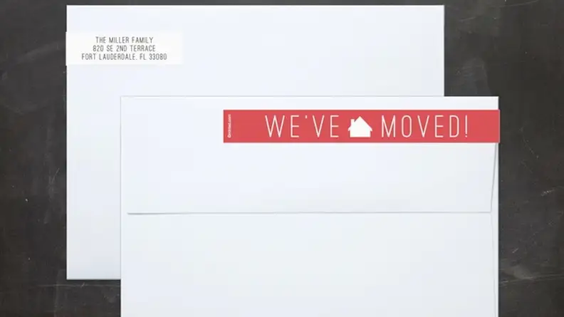 These unique wrap-around labels have a return address, as well as a fun decal announcing their move.