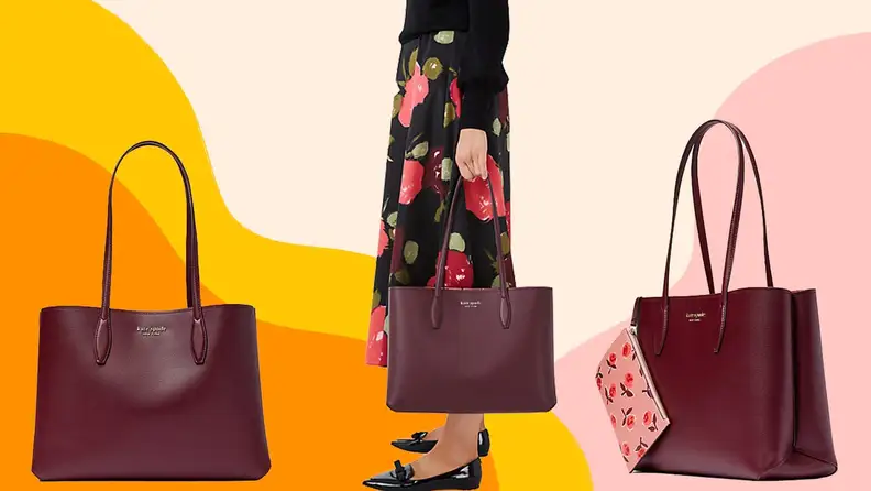Close ups of a burgundy Kate Spade purse.