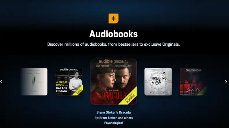 Page de livres audio Audible avec un carrousel de best-sellers et d'Audible Originals exclusifs.