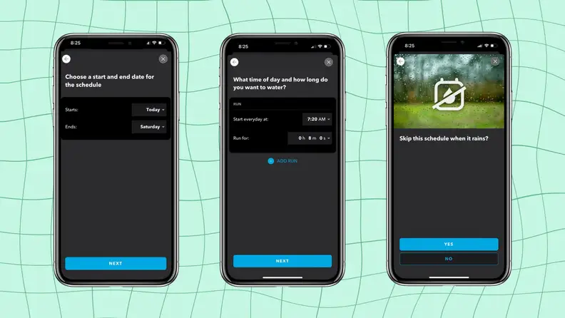 Screenshots of the scheduling setup in the Rachio app