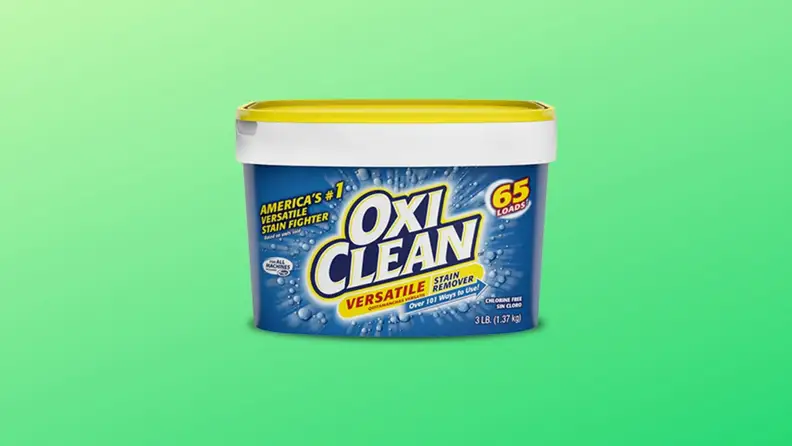 A three-pound tub of OxiClean, a stain remover that uses oxygen bleach, appears on a gradient green background