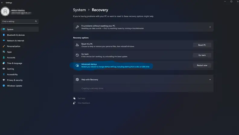 Screenshot of recovery submenu.
