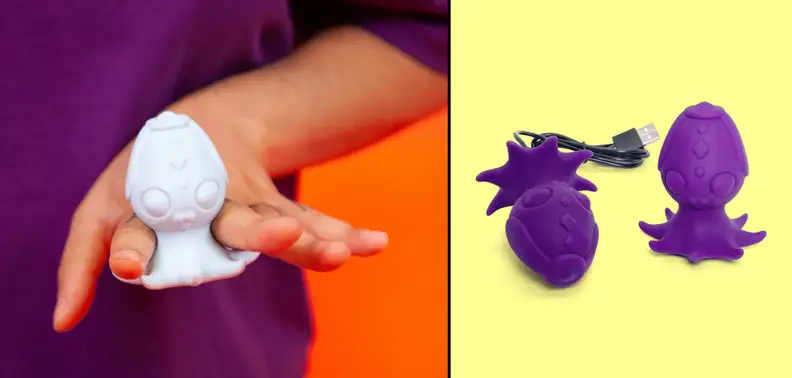 A photo collage of person holding the Cute Little Fuckers Princette sex toy between their fingers and two purple Cute Little Fuckers Princettes side by side.
