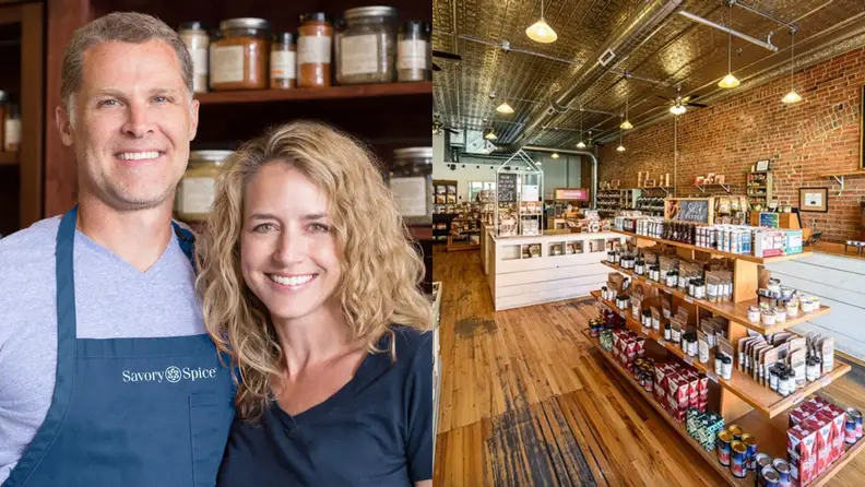 A picture of Mike and Janet Johnston, owners and creators of Savory Spice. On the right side of the photo is a picture of the first Savory Spice location.