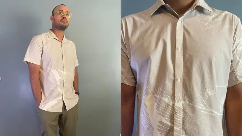 man wearing white Moon Drift short sleeve shirt from Lululemon with hands in pockets, close-up of Lululemon's short sleeve shirt