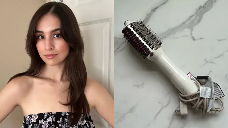 Portrait of a woman and a Shark hair styler against a grey-white background.