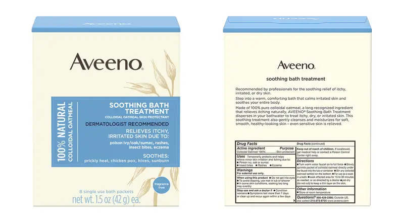 A image of the front and back of the packaging on the Aveeno Soothing Bath Treatments