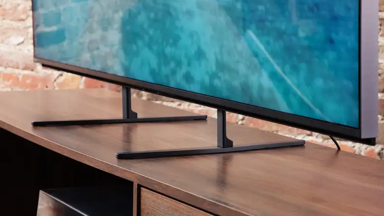A close-up on the stands attached to the bottom of the Sony Bravia 9 TV.