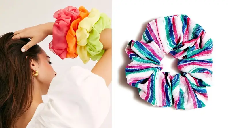 On the left: A woman tousles her dark brown hair while wearing colorful scrunchies on her wrist. On the right: A striped, colorful scrunchie sits on a white background.