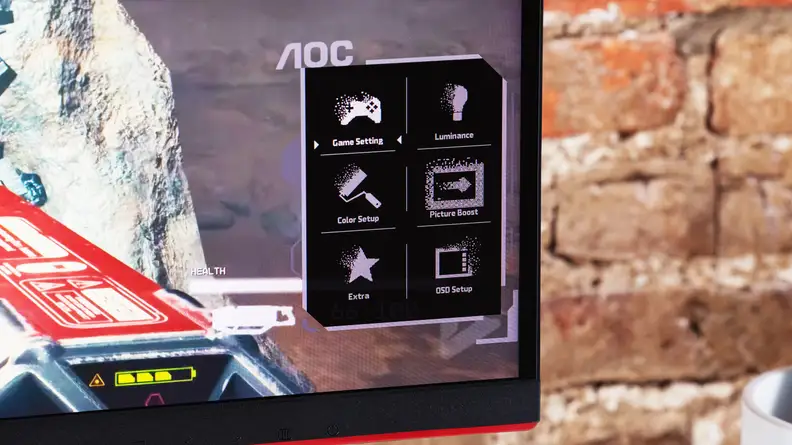 A close up of the AOC Q27G3XMN gaming monitor screen, featuring a menu.