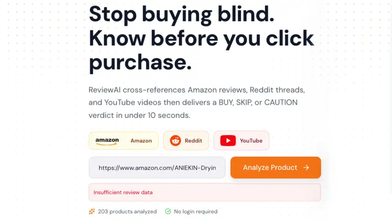 Screenshot of ReviewAI showing insufficient data to determine if product reviews are fake