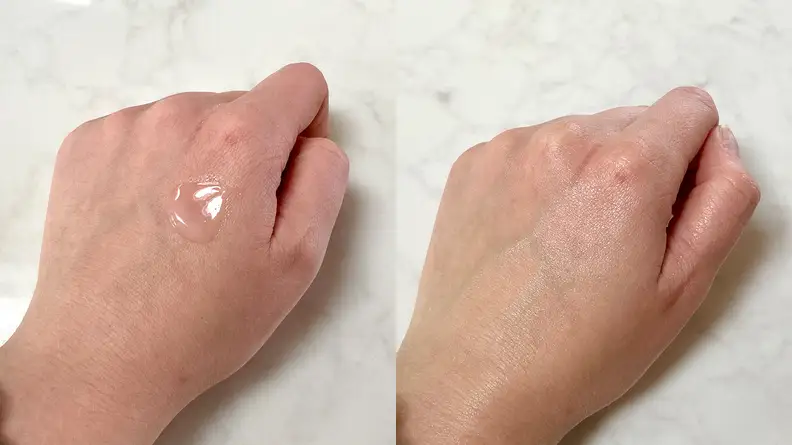 Side-by-side shots of a hand with one of them getting the product applied and the other showing the results.