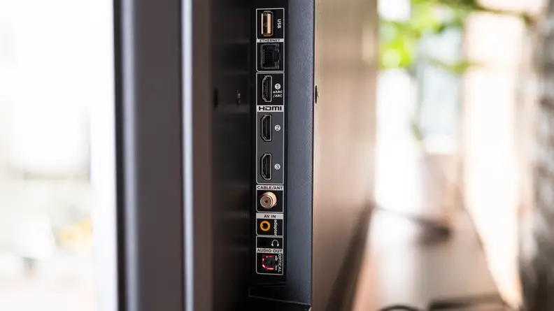 A close-up of the various inputs on the back of the TCL 5-Series with Google TV