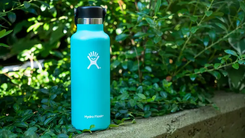 A blue hydro flask outside.