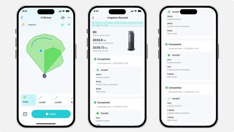 Three-part view of the Aiper app showing the watering regions and watering schedules