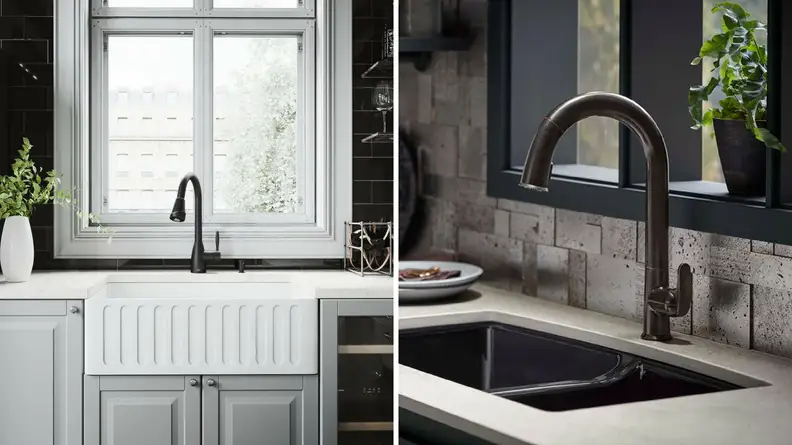 Black faucets contrast with white and gray in these kitchens