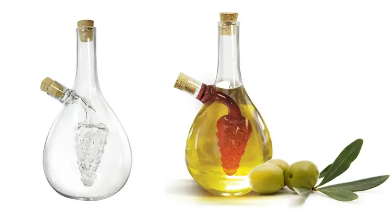 This unique glass jar holds oil and vinegar.