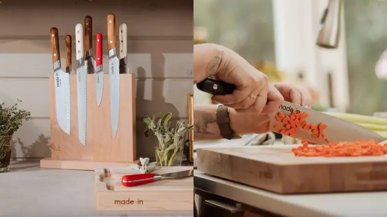 Photo collage of four knives attached to wooden magnetic block. On right, person using Chef's knife to chop carrots.