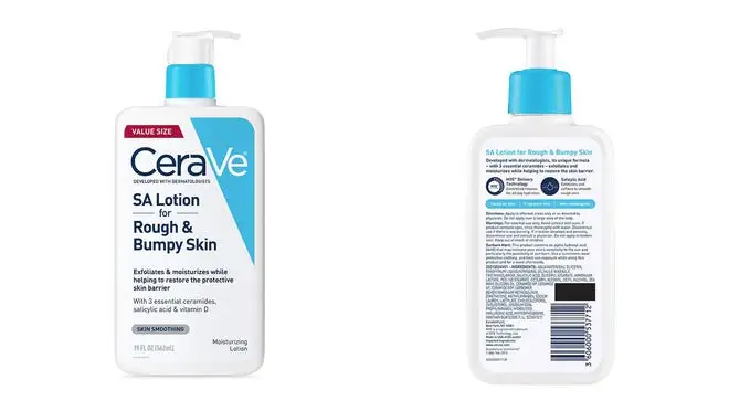 Square, blue and white bottles of lotion.