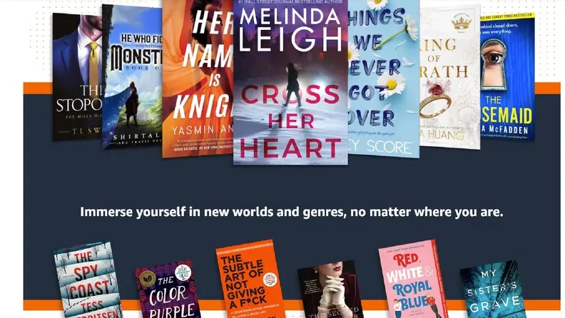 Bannière Kindle Unlimited montrant une série de couvertures d'ebooks romantiques, thrillers et fantastiques.
