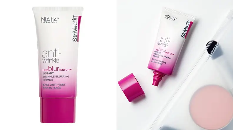 On the left: A white and pink bottle of makeup primer. On the right: A smattering of makeup products on a white background.