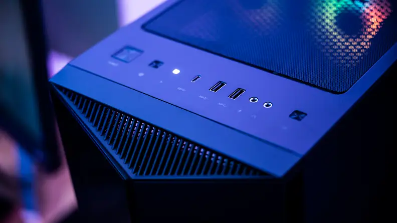 A closeup of the front ports on the desktop
