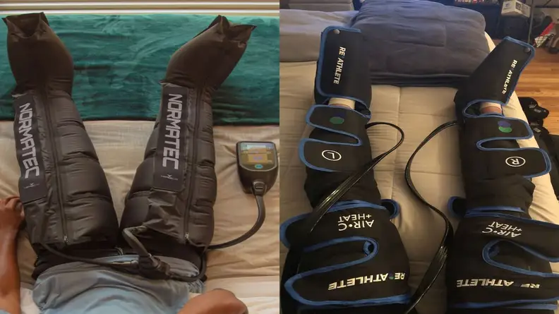 Side-by-side of Normatec compresison boots and ReAthlete compression boots