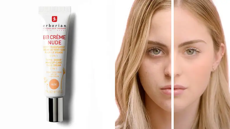 On the left: A tube of the Erborian BB Crème. On the right: A person's face before and after applying the BB cream.
