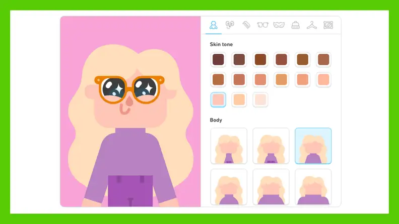 A Duolingo avatar customization screen showing options for skin tone, body type, and accessories, with a character wearing glasses and a purple outfit.
