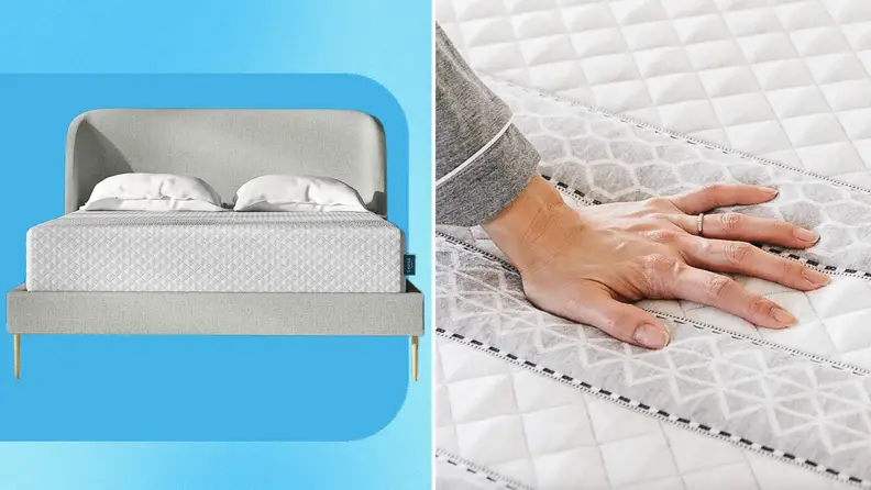On left, Leesa Sapira Hybrid mattress inside of gray upholstered frame with two pillows on top. On right, person using hand to test firmness of the Leesa Sapira Hybrid mattress.