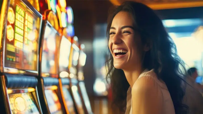 A woman smiling while playing at the slot machine