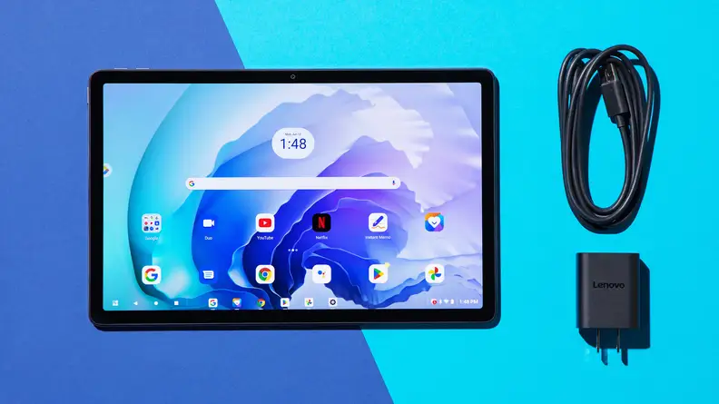 The Review Lenovo Tab P11 Pro 2 with it's power adapter and USB-C cable.