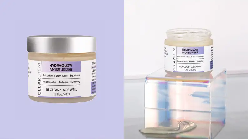 On the left: A jar of moisturizer on the purple background. On the right: A jar of moisturizer on an iridescent platform.