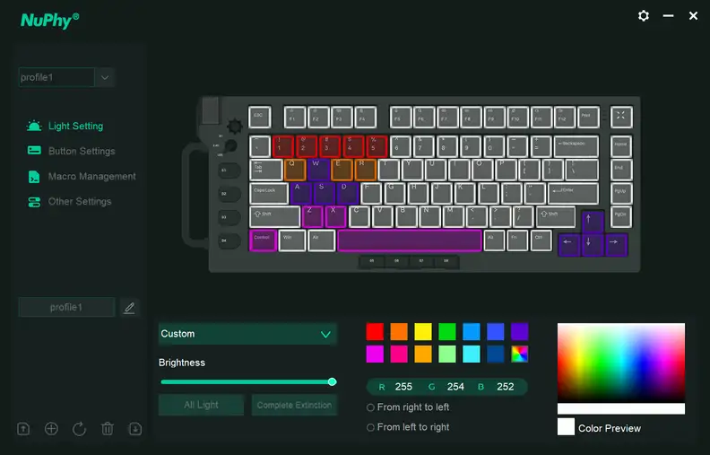 The Nuphy Field75 digital features show customization of colors.