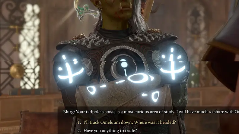 A half-orc in glowing armor talking to a hobgoblin