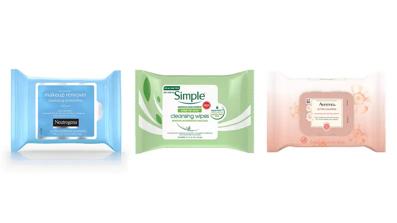 A photo of the Neutrogena Makeup Remover Cleansing Towelettes, the Simple Unscented Skin Cleansing Facial Wipes, and the Aveeno Ultra-Calming Cleansing Makeup Removing Wipes.