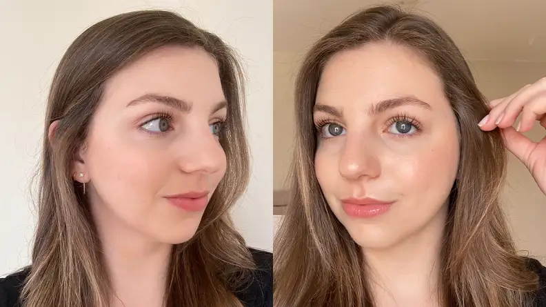 Two side by side photos of the author wearing the Kosas foundation.