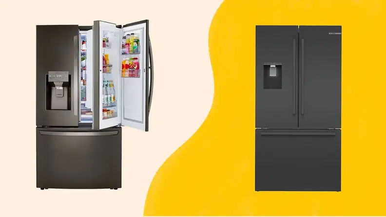 Two refrigerators against a yellow background.