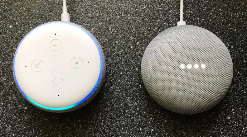 Echo Dot and Home Mini lit up
