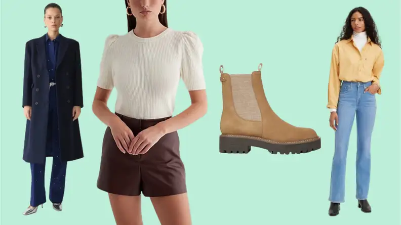 A model wearing a blue coat, a model wearing a white puff-sleeve top, a brown Chelsea boot, and a model wearing blue jeans.