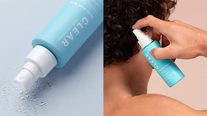 On left, blue spray bottle. On right, person spraying product onto back and shoulders.