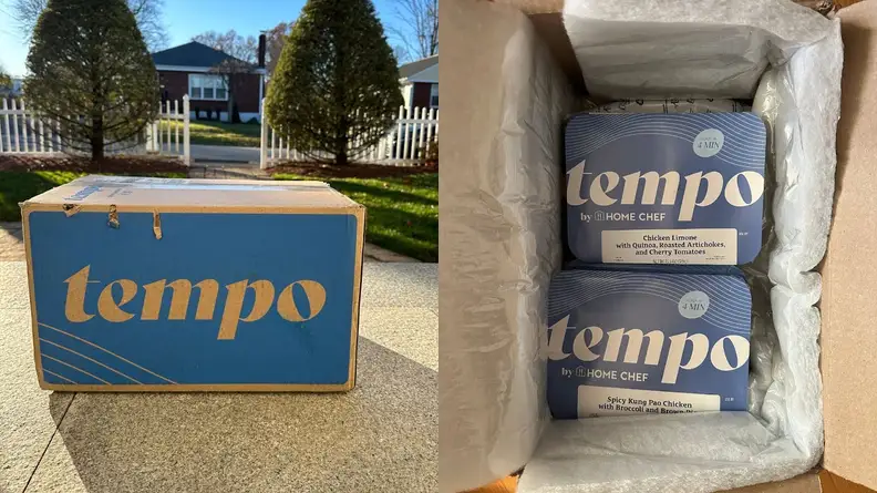 On left, cardboard box from Tempo delivery service on doorstep on a sunny day. On right, two pre-packaged Tempo meals inside of individual containers.