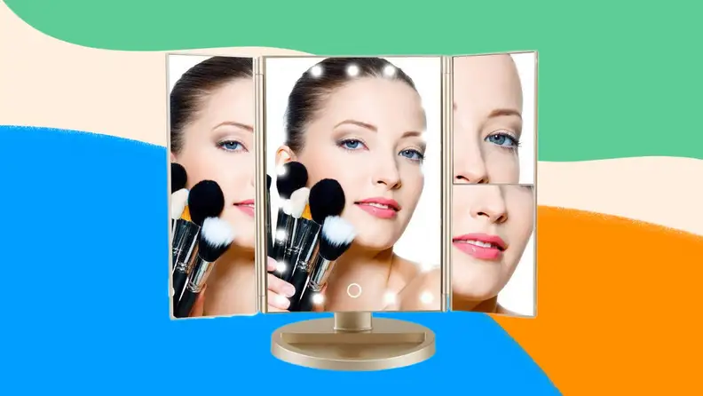 Tri-fold vanity mirror with LED light.