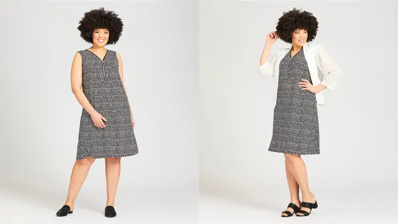 Woman wearing bold printed dress with afro and then same woman and dress but she's wearing a white cardigan over it