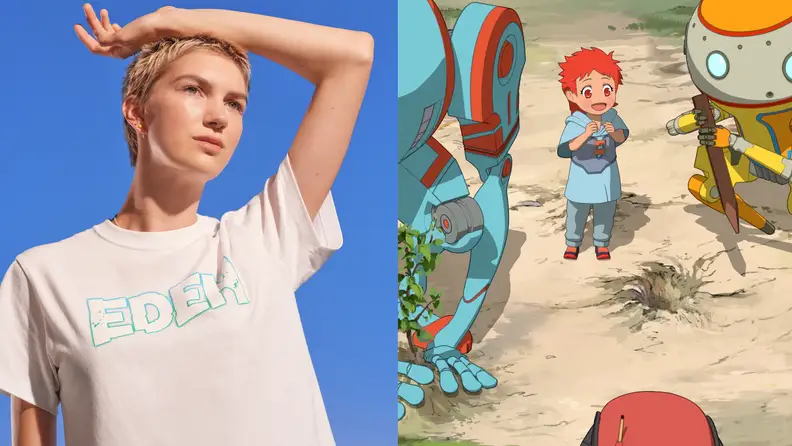 Left: woman wearing shirt that says "eden," right: Eden anime series screenshot