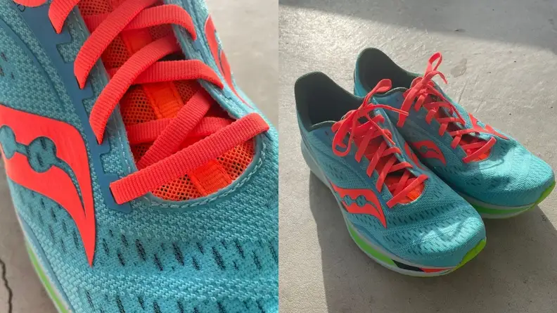 Close-up of Saucony Endorphin Speed running shoes in Spring / Future colorway, pair of Saucony Endorphin Speed running shoes sitting next to each other on the ground.