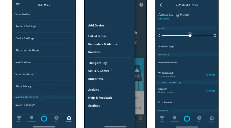 Screenshots from the Amazon Alexa app that show the steps to set up an Echo Plus (second-generation) speaker.