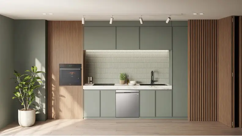 An LG built-in InstaView oven in the wall of a minimalist kitchen with wood paneling and gray cabinets.
